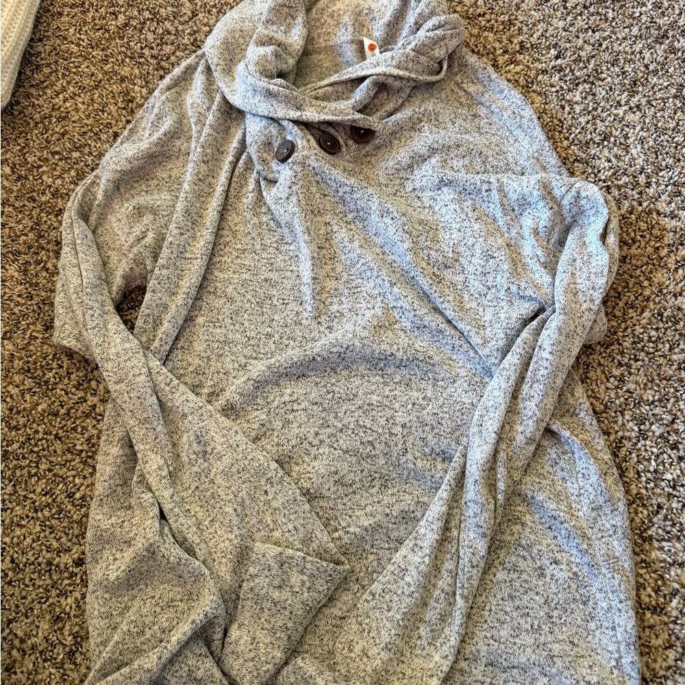 Cozy Light Gray Hooded Button-Neck Sweater